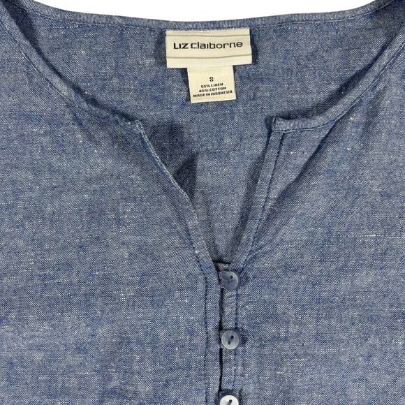 Liz Claiborne Women's Blue Linen Blend Tie Sleeve Cottagecore Blouse Small - Picture 5 of 10